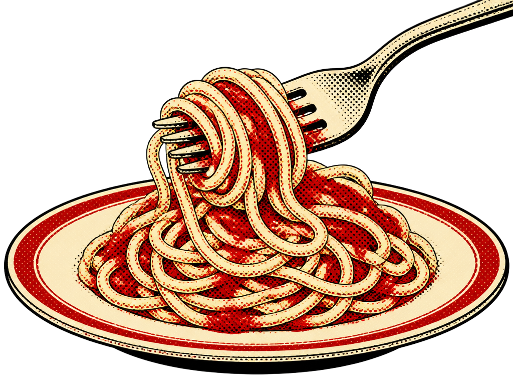 Collage einer Gabel mit Spaghetti